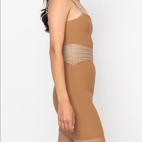 New AKIRA All Chains Corset Detail Mini Dress Light Brown - Picture 4 of 5